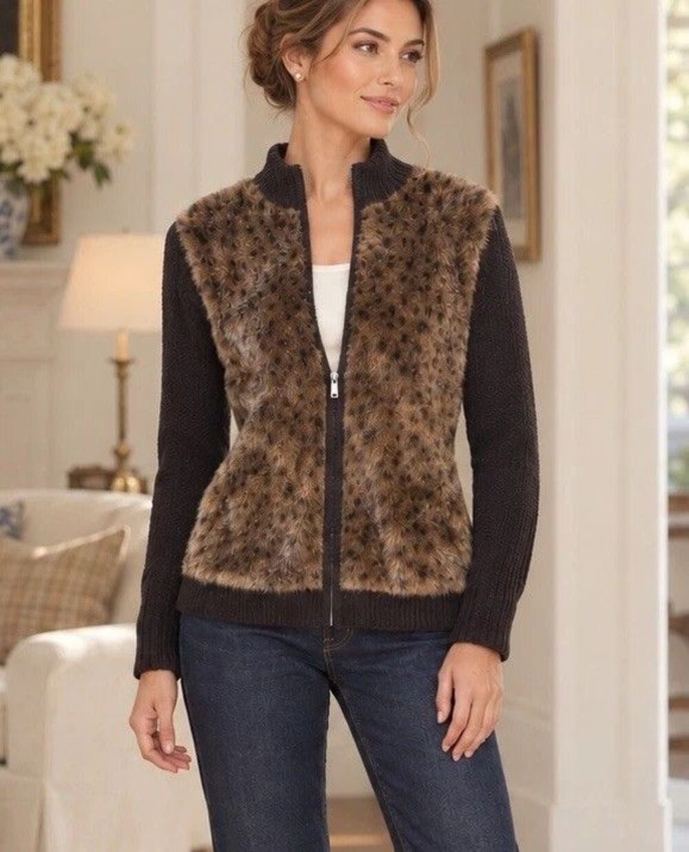Lisa International Brown Faux Fur Trim Cardigan Y2K Size Medium